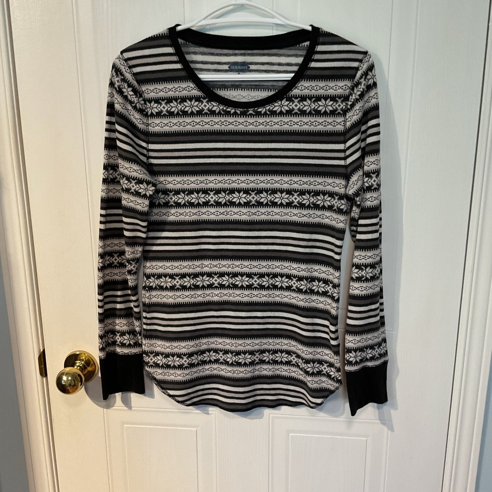 Old Navy Thermal Top Womens M Black Excellent Fair Isle Waffle Knit Striped